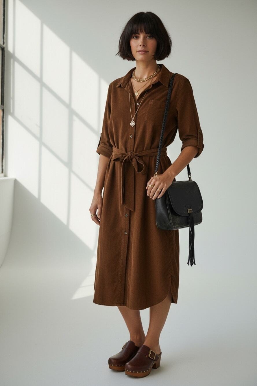 Lands' End Women's Brown Pinwale Corduroy Button Front Belted Shirt Dress Size L